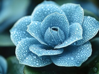 A blue succulent, covered with water droplets, is captured in sharp focus. Use it for nature, beauty, or a cool, refreshing design element.