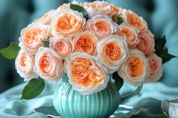 Obraz premium Peach roses in a turquoise vase on a matching decorative plate and silk cloth. Use for elegant cards, weddings, birthdays, or other floral designs.