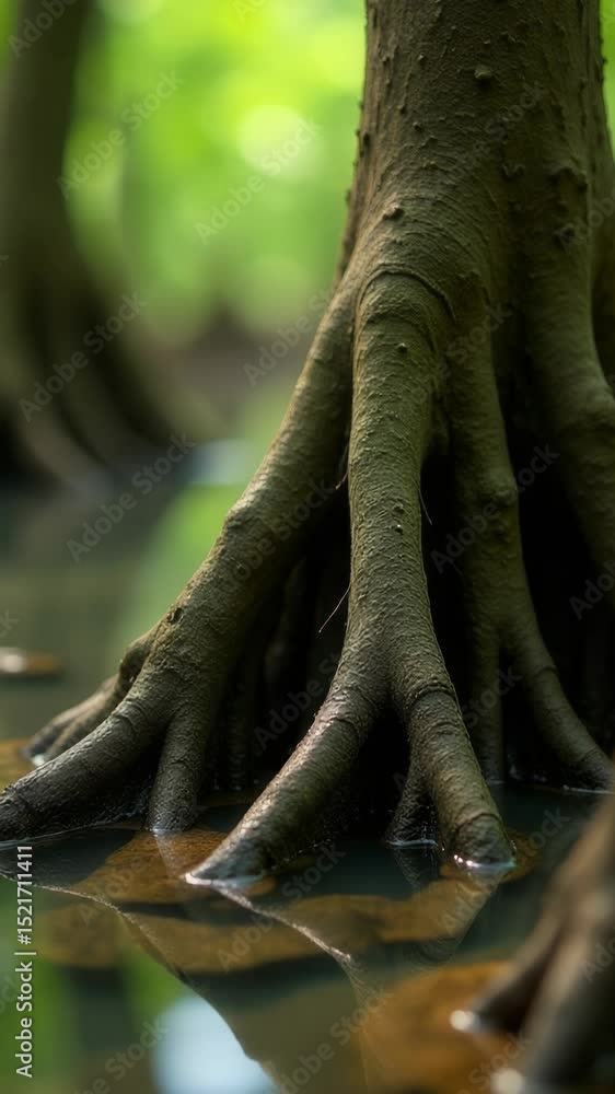 Poster a close-up shot of a tree's roots protruding from the surface of the water