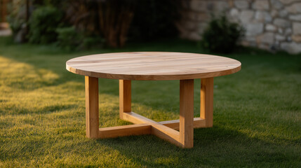 Wooden round table sits on green lawn in evening light near garden area surrounded by stone wall
