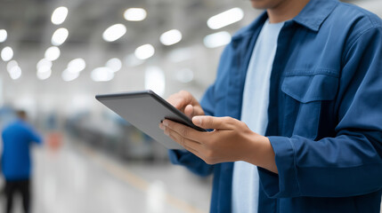 Worker using tablet for logistics in a modern warehouse environment during the day