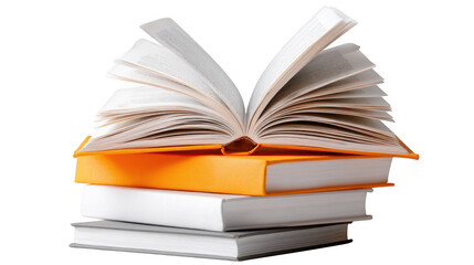 Fototapeta premium Stack of books with open book on top isolated on transparent background