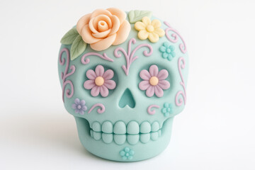 Decorative sugar skull adorned with pastel flowers and intricate patterns symbolizing celebration and cultural tradition