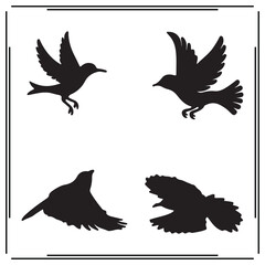 Flying bird silhouettes – black vector icons of birds in motion with open wings and spread feathers for nature graphics, wildlife designs, freedom themes, and decorative artwork