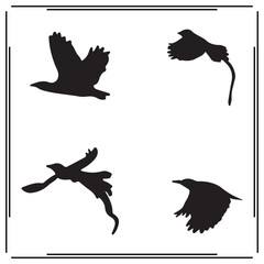 Bird silhouettes in flight – black vector flying bird icons with detailed wings and tails for wildlife design, freedom symbols, nature themes, sky illustrations, and tattoo graphics

