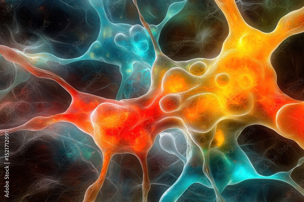 Poster abstract digital illustration of colorful neural cells interconnected in a glowing network.
