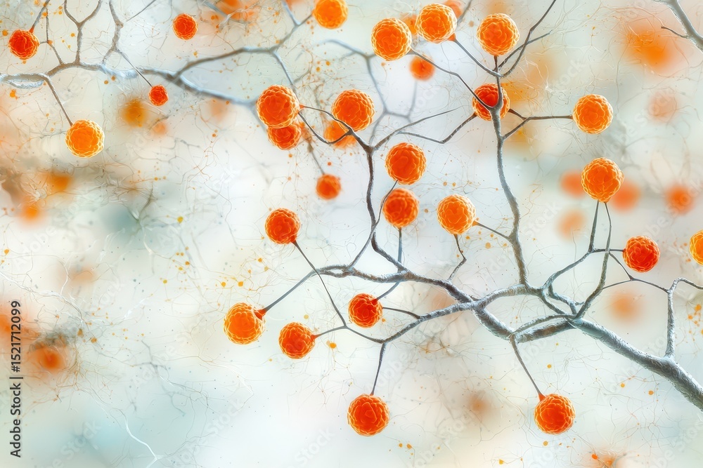 Poster abstract network of orange nodes connected by thin branches, resembling neurons or molecular structu