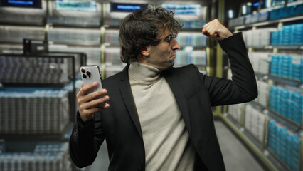 Young hispanic man flexing in supermarket aisle holding phone confidently indoors surrounded by...