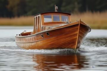 Fototapeta premium Classic old wooden fishing boats, A row of classic wooden fishing boats, weathered and rustic, docked peacefully at a serene harbor