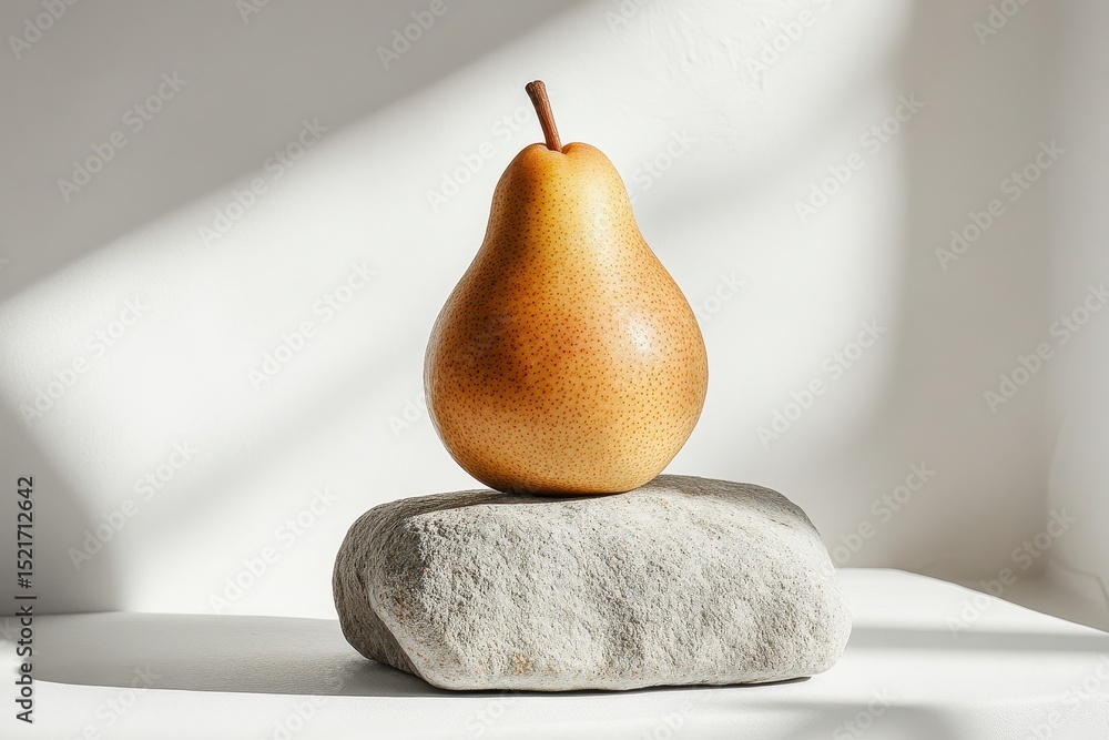Poster yellow pear positioned on a minimalist surface illuminated by soft shadows cast from nearby foliage 