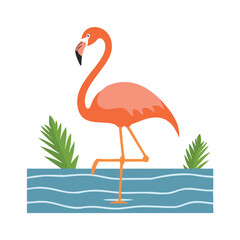 Flamingo in tropical water with palm fronds