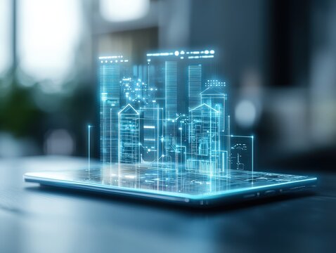 System Automation Implementation. Digital cityscape projected from a smartphone, showcasing futuristic architecture and technology.