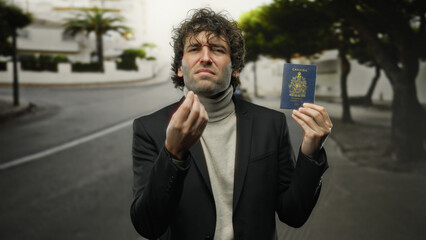 Hispanic man in city street holding canadian passport, expressing confusion outdoors with blurred...