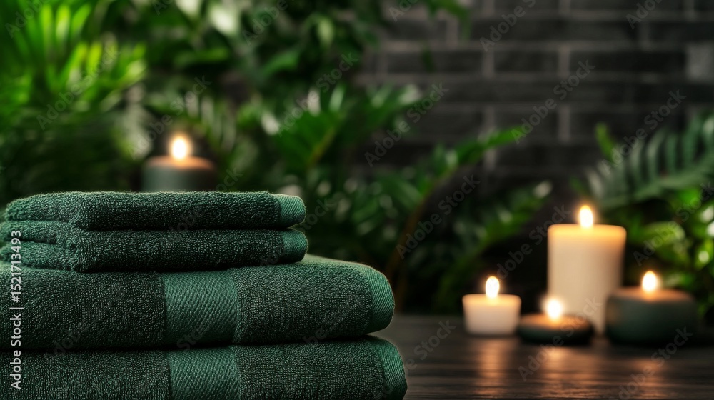 Poster relaxing spa setting with green towels and soft candlelight for a calming atmosphere.