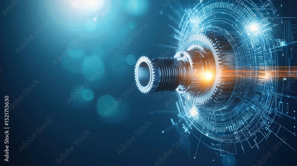 Poster system automation implementation. futuristic gear design with glowing elements on a blue background.