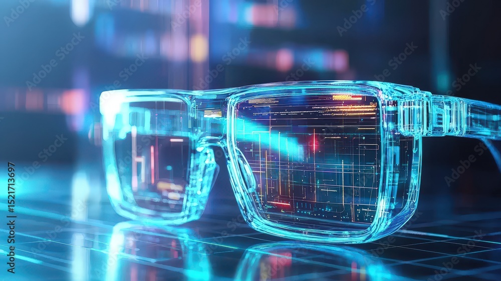 Poster system automation implementation. futuristic glasses design with digital and neon elements, showcasi