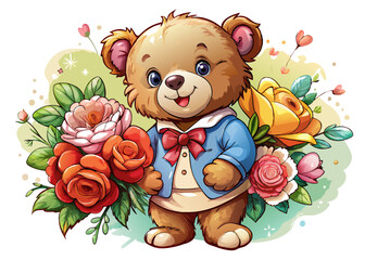 Teddy Bear Holding Roses Vector – Cute Romantic Gift Illustration