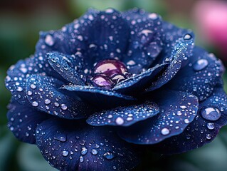 Fototapeta premium A dark blue rose with many water droplets glistens after a fresh rain. Use to show beauty, nature, or for design requiring calm, clean feel.