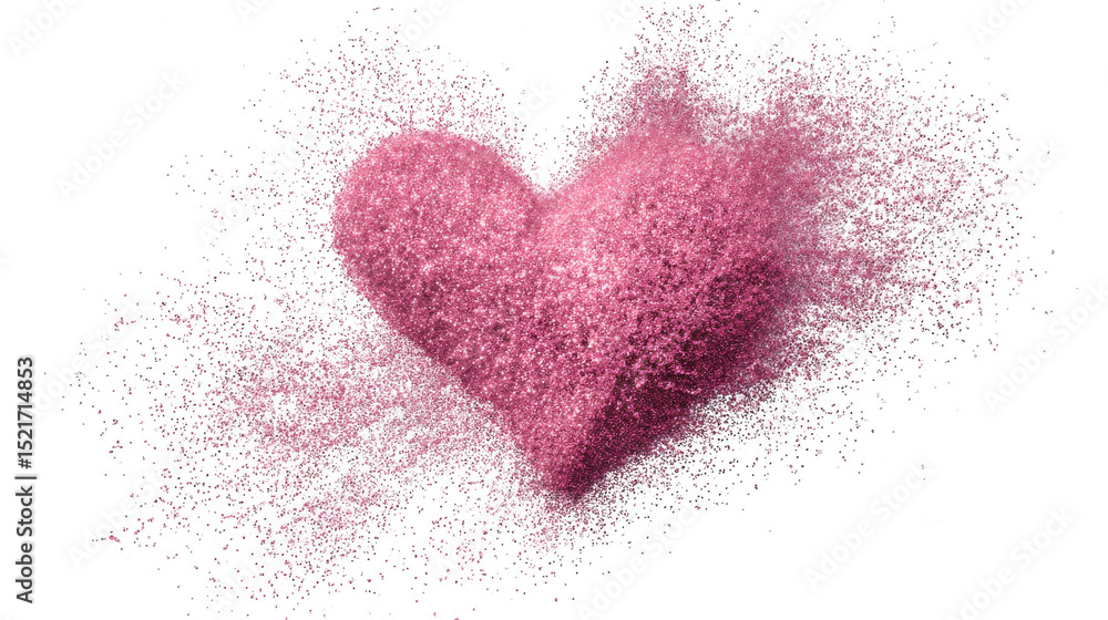 Poster pink glitter heart exploding isolated on transparent background