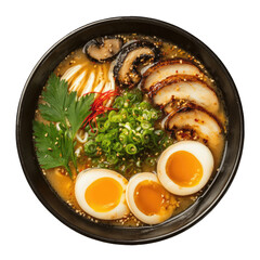 Hearty bowl of flavorful ramen.  A rich broth, topped with sliced mushrooms, savory pork, and soft-boiled eggs.  Fresh herbs and scallions garnish the dish,  and noodles are perfectly cooked