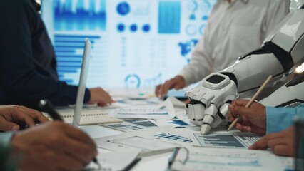 A dynamic workspace showcasing collaboration between humans and robots, focusing on data analysis....
