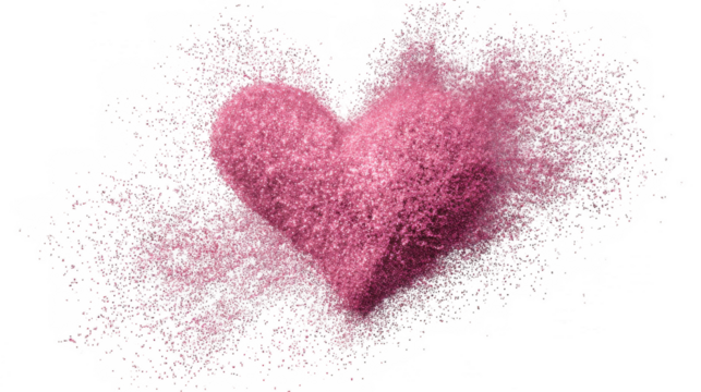 Pink glitter heart exploding isolated on transparent background