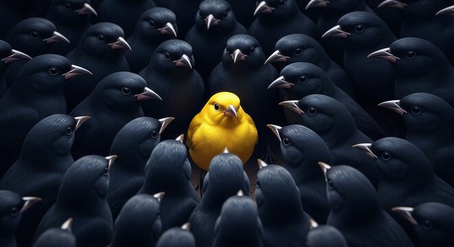 Golden bird surrounded by dark birds