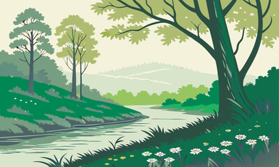 Naklejka premium Landscape with trees and river vector illustration.