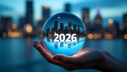 A person holding a glass ball featuring cityscape and the year 2026