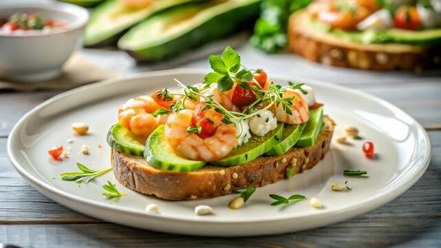 bruschetta with avocado and shrimp on table with kitchen background, appetizer, food, dinner, lunch, italian cuisine, cooking, bread