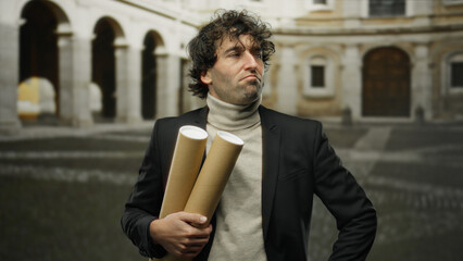 Young man holding tubes confidently outside university building in a suit exhibiting hispanic...