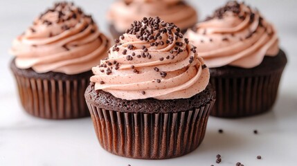 Four chocolate cupcakes with frosting and chocolate sprinkles on white table. Use this yummy treat image for dessert menus or baking concepts.