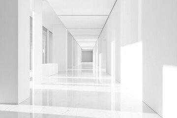 Modern white corridor with sunlight and reflections