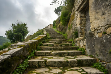 Winding Stone Steps Leading Upward Through Lush Greenery and Historical Architecture Under Cloudy Sky in Peaceful Natural Setting