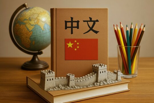 Chinese language study concept with national flag, Great Wall model, globe, and colored pencils