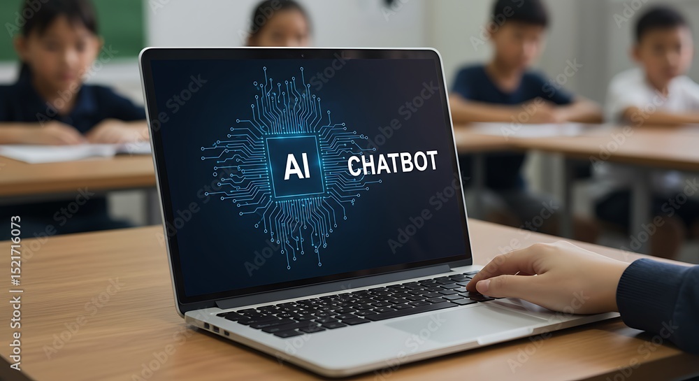 Aufkleber student using ai chatbot on laptop in classroom demonstrating educational technology concept