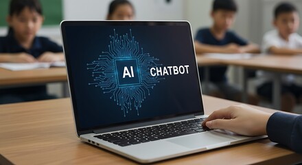 Student using ai chatbot on laptop in classroom demonstrating educational technology concept