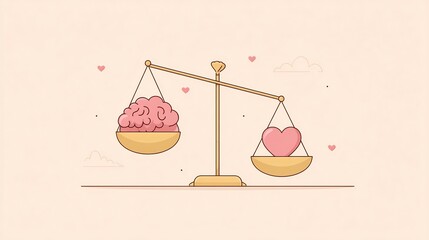 Balancing intellect and emotions, conceptual illustration of heart and brain on scale