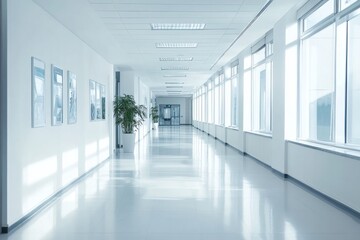 Bright modern office corridor with large windows