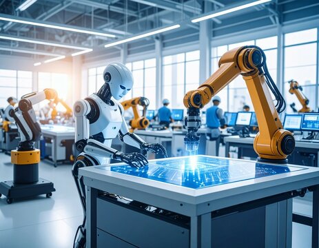 Humanoid robot interacting with digital interface in factory setting