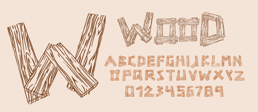 Wood Alphabet And Numbers Realistic Wood Texture Vector Set