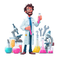 Cartoon scientist with lab equipment isolated on transparent background