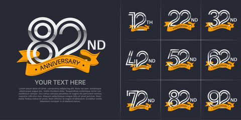 Naklejka premium Anniversary logo set with double line number style. silver color with yellow ribbon can be use for special moment