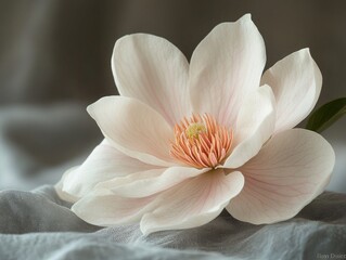 A white magnolia flower rests on soft, gray fabric with subtle light. Ideal for conveying themes of beauty, peace, and natural elegance.