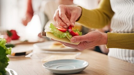 Camera view of woman making tasty sandwich for her children. Hungry kids standing next to mother in blurred background. Tasty toast with fresh vegetables, salad and cheese. Food concept.