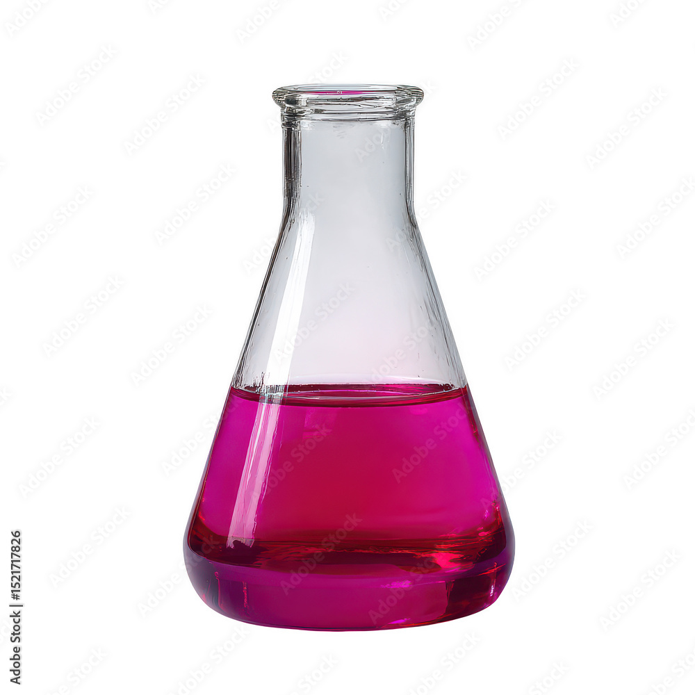 Poster pink liquid in erlenmeyer flask isolated on transparent background