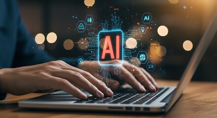 Person working on laptop with artificial intelligence interface futuristic technology concept