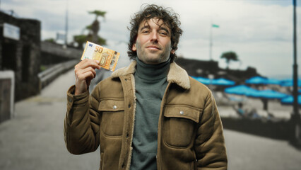 Man holding euro banknote standing on a scenic beachside with blue umbrellas emphasizing leisure and financial freedom in a european seaside outdoor setting.