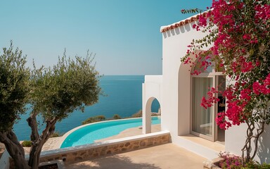 Fototapeta premium Luxurious Mediterranean Villa Overlooking the Sea with Bougainvillea and Infinity Pool
