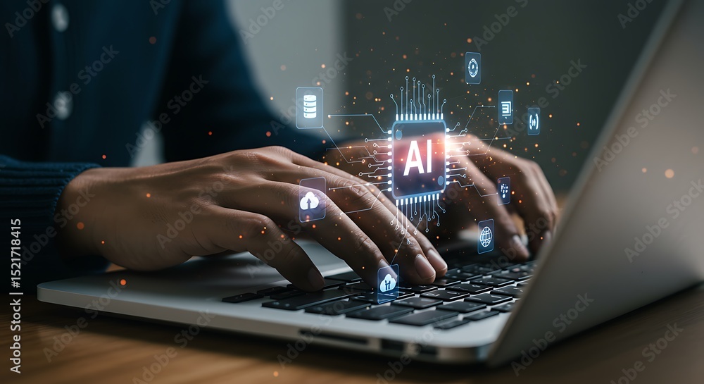 Poster person using laptop interacting with ai artificial intelligence technology concept innovation develo